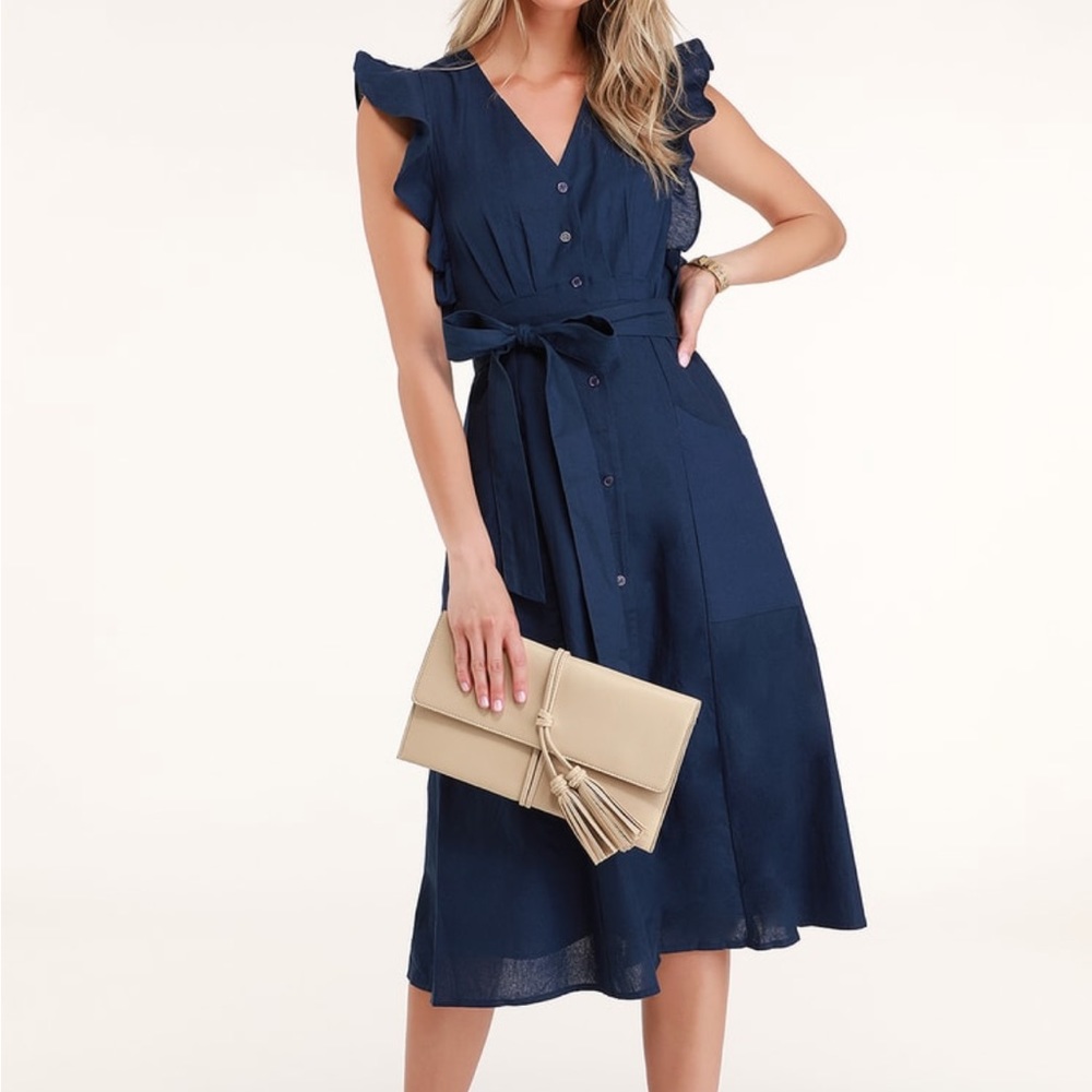 Cute Navy Blue Button-Up Midi Dress